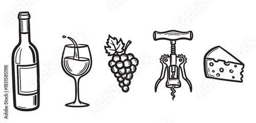 Hand drawn black and white wine icons set including a bottle, glass, grapes, corkscrew, and cheese wedge in a simple doodle sketch style for menu or restaurant design