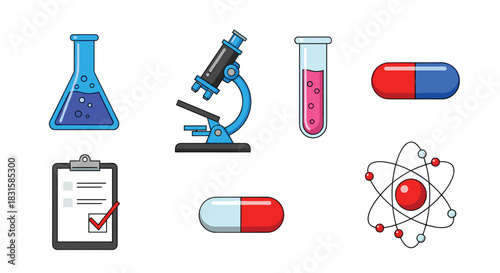 A collection of colorful flat icons representing various aspects of science, research, and medicine.