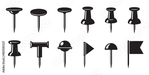 Collection of black pushpin and thumbtack stationery icons in various shapes, including map markers, flag pins, and drawing pins, presented as a clean vector illustration set