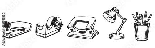 Hand-drawn black and white office stationery icons featuring a stapler, tape dispenser, hole punch, desk lamp, and pen holder in a minimalist sketch art style