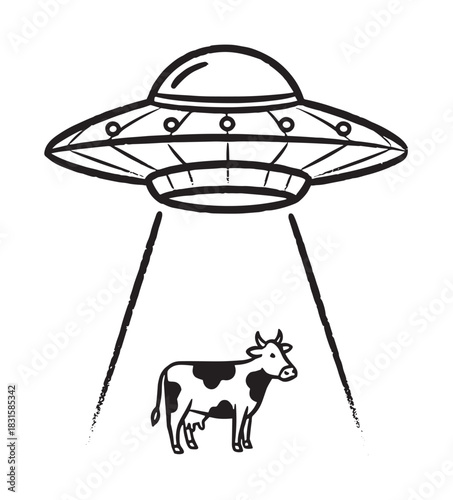 Black and white doodle illustration of a UFO abducting a spotted cow with a tractor beam in a humorous, hand-drawn sketch style with rough, textured lines