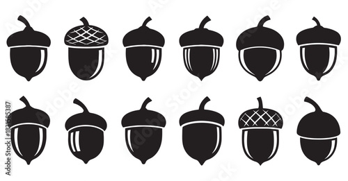 Collection of twelve black acorn icons in various simple shapes and designs, presented as a set of minimalist vector silhouettes for graphic design and autumnal concepts