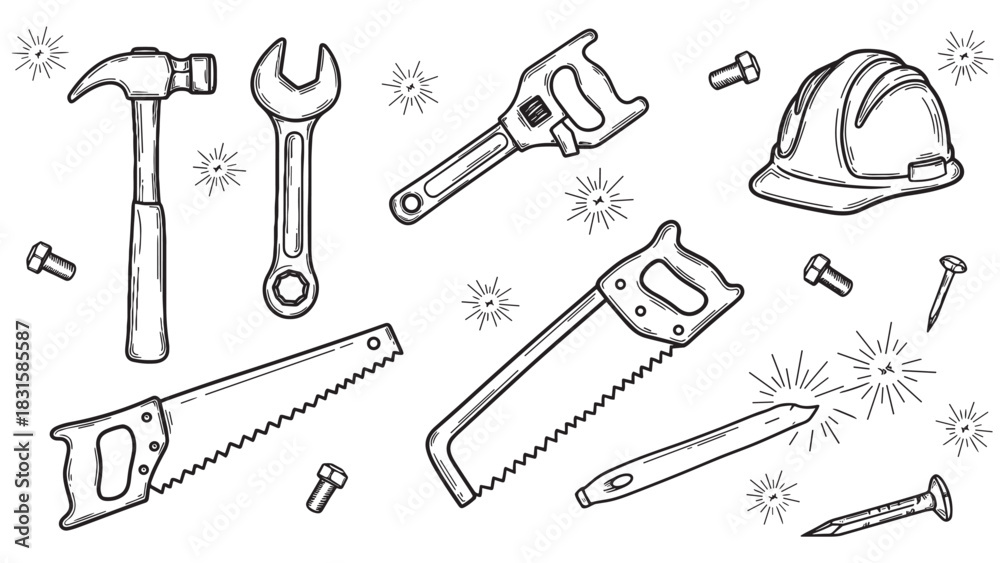 Obraz premium Hand-drawn set of construction tools including a hammer, saw, wrench, and hard hat in a black and white vintage sketch style illustration for carpentry and repair concepts