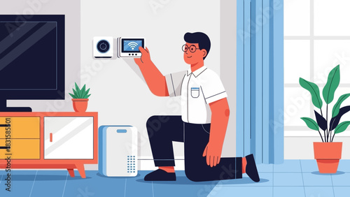 Expert Man Configuring Smart Home System in a Modern Living Room, Showcasing Advanced Automation and Digital Device Integration for Enhanced Comfort and Connectivity