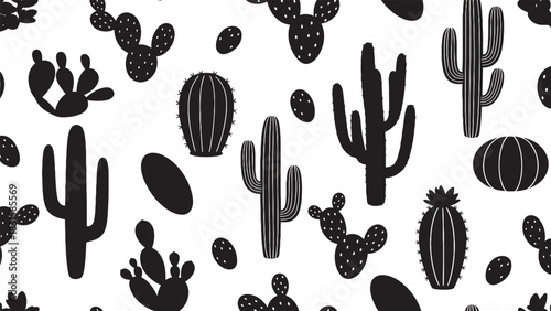Black and white seamless pattern of various cacti in a simple, hand-drawn graphic style featuring saguaro and prickly pear succulent silhouettes for a modern, playful design