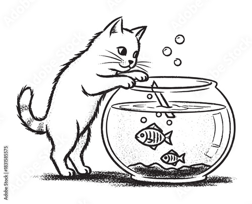 Curious black and white cartoon cat stands on its hind legs peering into a round fishbowl, watching two small fish swim in the water in a charming hand-drawn illustration
