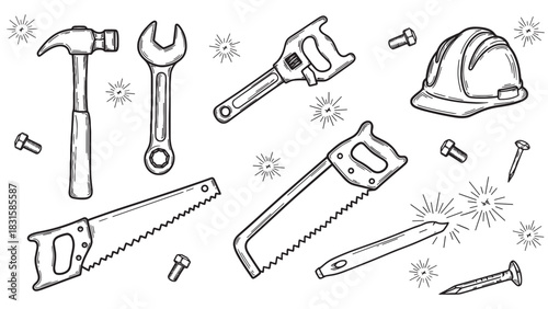 Hand-drawn set of construction tools including a hammer, saw, wrench, and hard hat in a black and white vintage sketch style illustration for carpentry and repair concepts