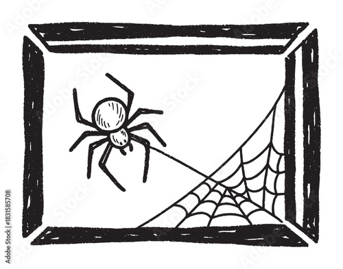 Black hand-drawn spider doodle with eight legs and a round body sits inside a roughly sketched box frame next to a cobweb spun in the corner of the enclosure