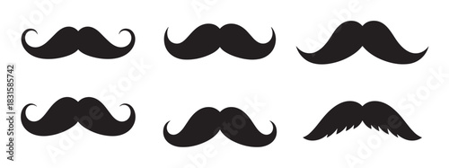 Collection of six black mustache silhouettes in various classic and retro styles, including curly and handlebar shapes, presented as a simple flat design graphic icon set
