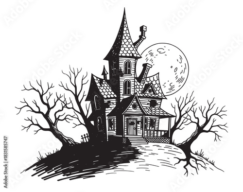 Spooky haunted house illustration in black and white shows a creepy Victorian mansion on a hill with bare trees and a full moon, drawn in a vintage graphic style