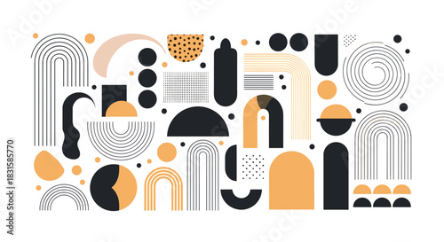 A modern abstract geometric pattern featuring an artistic arrangement of various shapes like arches, circles, and irregular forms in a stylish color palette.