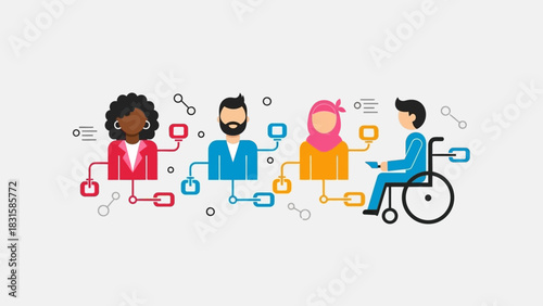 Diverse global community network showcasing interconnected people of varying backgrounds, symbolizing social inclusion, unity, and collaborative communication