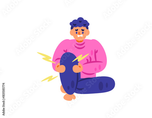 An illustration of a man sitting with sore legs and knees. The legs are painful, hot, and cramping. Leg injuries. Bone and muscle health problems. Flat style character design. White background.