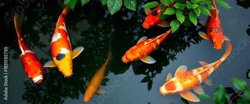 Vibrant koi carp gracefully swim in a serene pond, surrounded by lush greenery,  white,  plants