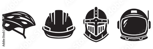Collection of four black helmet icons representing different eras and professions, including a bicycle helmet, a hard hat, a knight's helm, and an astronaut's helmet