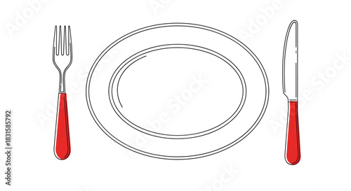 Minimalist line art illustration featuring a dinner plate, a fork, and a knife with vibrant red handles, set on a clean white background.