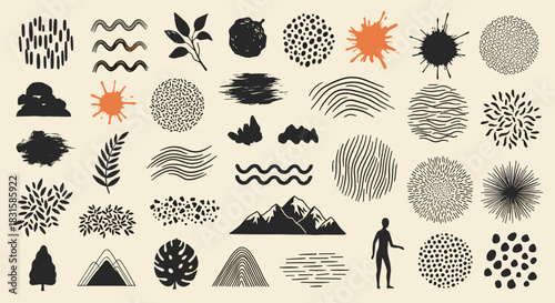 Diverse set of hand-drawn natural and abstract elements for graphic design, featuring grunge textures and organic shapes.
