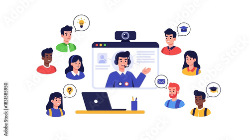 A diverse group of students engaged in an online webinar, learning remotely from a teacher via video conference