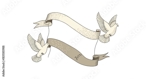 Elegant illustration of two white peace doves flying gracefully while holding decorative scroll banners for custom text or messages, isolated on white.