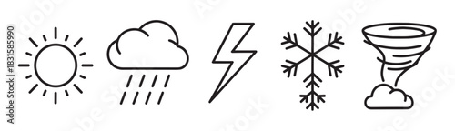 Set of five weather forecast icons showing different meteorological conditions like sun, rain, lightning, snow, and tornado in a simple black outline vector style illustration