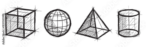 Four hand-drawn geometric shapes including a cube, sphere, pyramid, and cylinder in a rough black and white sketch style with hatching for shading and dimension