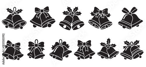 Collection of black Christmas bell icons decorated with bows and holly, a festive holiday symbol set for winter celebration and seasonal graphic design elements