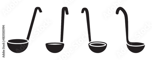 Four black soup ladle silhouettes in a minimalist graphic style, showing different angles of the kitchen utensil for serving liquid food like stew or broth in a simple icon set