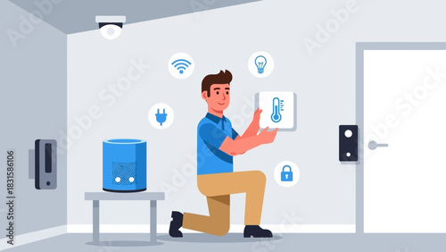 A man configures his advanced smart home system, demonstrating seamless technology integration and device connectivity for an automated, intelligent, and convenient living