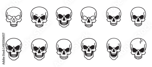 Collection of twelve human skulls drawn in a simple black and white line art style, showcasing various angry and spooky expressions for Halloween or tattoo designs