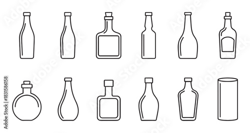 Collection of various alcohol bottle icons in a minimalist line art style showing different shapes for whiskey, gin, wine, and other spirits, presented as a complete set