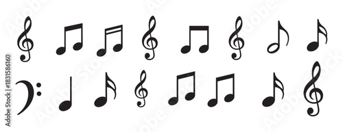 Collection of black musical notes and symbols including treble and bass clefs, eighth notes, and quarter notes arranged in a simple, clean graphic illustration set