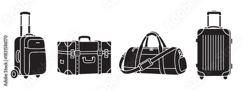 Collection of four black travel luggage icons showing a rolling suitcase, a retro trunk, a sports duffel bag, and a modern hard-shell case for tourism and journey concepts
