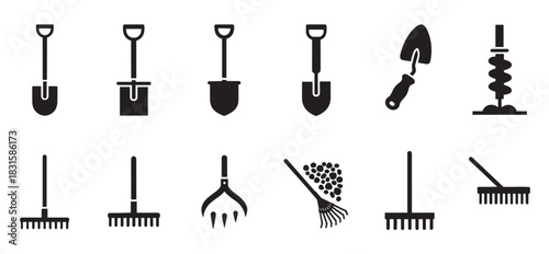 Set of black gardening tool icons featuring various shovels, rakes, a trowel, and an auger for farming and landscaping, presented in a simple, minimalist graphic silhouette style