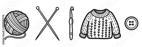 Set of black and white knitting and crochet icons including a ball of yarn, needles, a hook, a sweater, and a button in a simple hand-drawn line art style
