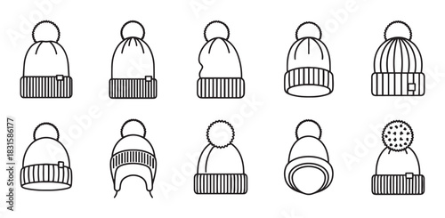 Collection of ten winter hats with pom-poms shown in a simple black and white line art style, illustrating various designs of cozy knitted beanies and headwear for cold weather