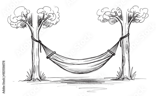 Hammock hanging between two trees in a hand-drawn black and white sketch style, a simple minimalist illustration evoking summer vacation, relaxation, and tranquility