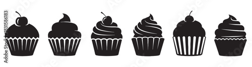 Collection of six black cupcake silhouettes with various frosting styles and cherries, presented as a minimalist graphic icon set for bakeries or dessert menus