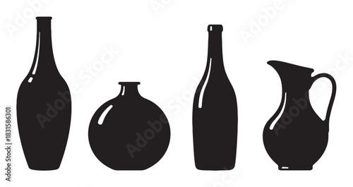 Black silhouette vector icons of bottles and a jug, a collection of four different glassware shapes including a pitcher and vase, shown in a simple minimalist graphic illustration style