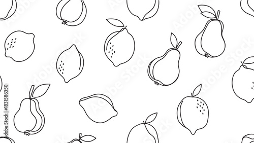 Hand drawn lemons and pears seamless pattern in a simple black and white line art style, a minimalist and modern fruit illustration perfect for wrapping paper or fabric design