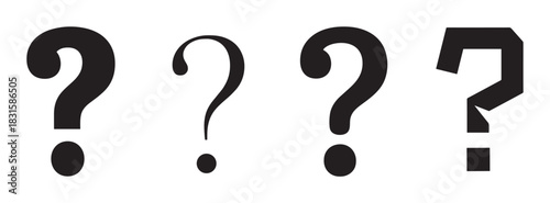 Four black question mark symbols in different fonts and styles are arranged in a row, representing a variety of questions, uncertainty, and typographic design choices
