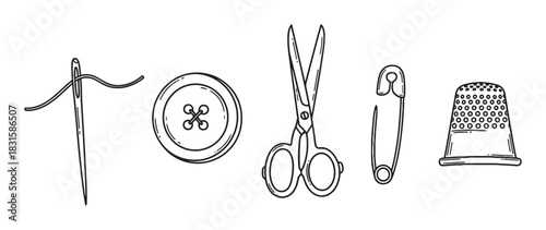 Hand-drawn sewing and tailoring equipment collection with a needle, thread, button, scissors, safety pin, and thimble in a simple black line art illustration style