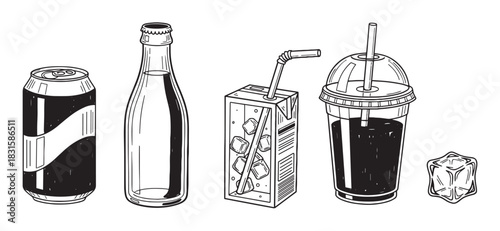 Hand-drawn set of various beverages including a soda can, glass bottle, juice carton, plastic cup, and ice cube in a black and white sketch illustration style