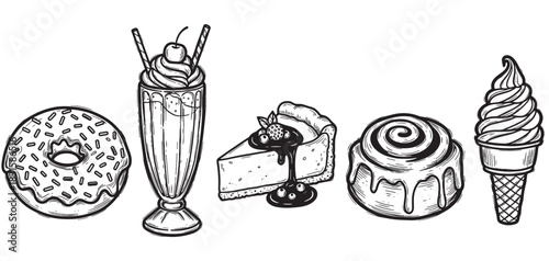 Set of hand-drawn sweet dessert illustrations including a donut, milkshake, cheesecake, cinnamon roll, and ice cream cone in a vintage black and white sketch style
