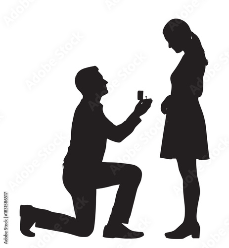Black silhouette of a man proposing to a woman on one knee with an open ring box, capturing a romantic and emotional moment of love and commitment