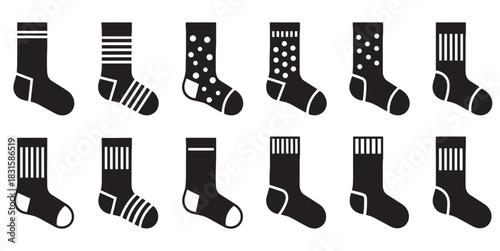 Twelve black and white sock icons with different graphic patterns including stripes and dots, arranged in a neat grid as a minimalist vector illustration set