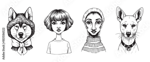 Set of four hand-drawn character portraits featuring two women and two dogs, illustrated in a black and white graphic sketch style with detailed ink linework and an artistic feel