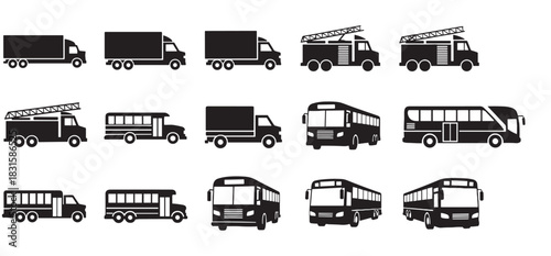 Collection of black vehicle icons showing various forms of transport like trucks, buses, and fire engines presented in a simple, flat, graphic silhouette design for infographics