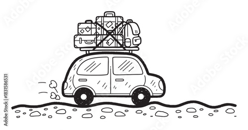 Hand-drawn black and white car loaded with luggage on its roof rack drives along a bumpy road on a family vacation, depicted in a simple doodle sketch style