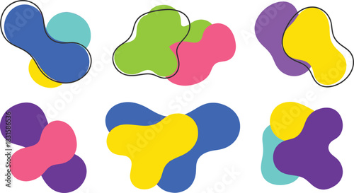 Set of colored amoeba organic irregular shapes. Creative liquid blob elements, various cartoon organic shapes.