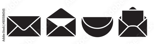 Set of four black envelope icons showing different states of mail, including open, closed, and with a letter, presented in a minimalist graphic vector style for communication concepts